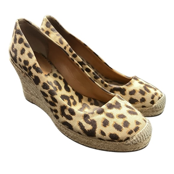 J Crew 7.5M Brown Tan Leopard Print Espadrille Canvas Slip On Wedge Heel Shoes - Picture 1 of 10